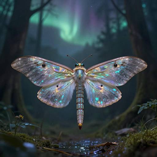 Photorealistic digital art of a glowing, iridescent moth with translucent wings, adorned with blue and green spots, hovering above a forest stream under
