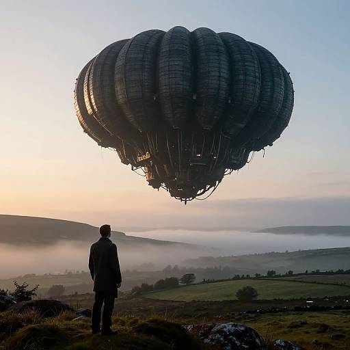 Photograph of a man standing on a misty hill, gazing at a large, dark, spherical hot air balloon at sunrise.