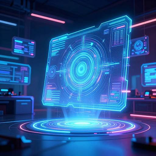 Neon-lit, futuristic control room with holographic blue interface floating above glowing circular platform, surrounded by multiple digital screens and neon lights. CGI image