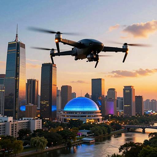 Futuristic Drone Over Vibrant Cityscape