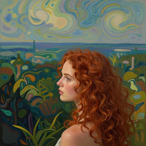 Digital painting of a red-haired woman with curly locks, facing left, in a vibrant, swirling landscape with colorful, abstract plants and sky.