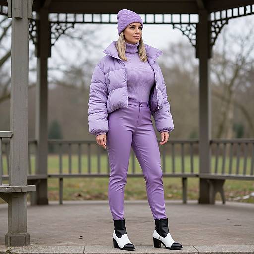 Photograph of a blonde woman in a lavender puffer jacket, matching pants, beanie, and white high-top shoes, standing in a park gaze
