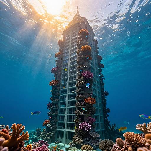 Photograph of a sunlit, underwater skyscraper adorned with colorful corals and surrounded by various fish, creating a vibrant, surreal ocean scene.