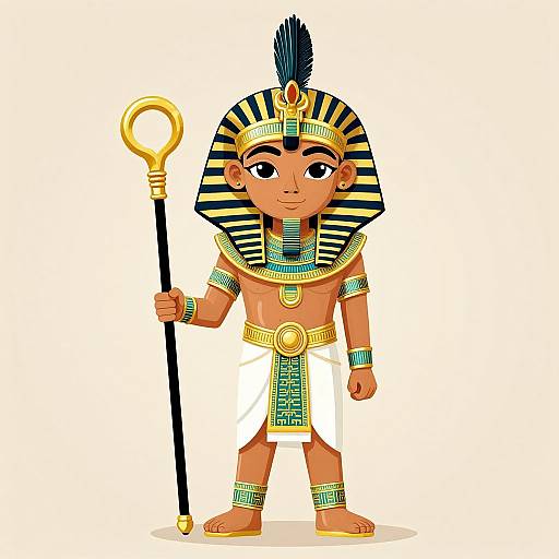 Cartoon Egyptian pharaoh child with dark skin, striped black-and-gold headdress, white loincloth, gold jewelry, holding black staff with