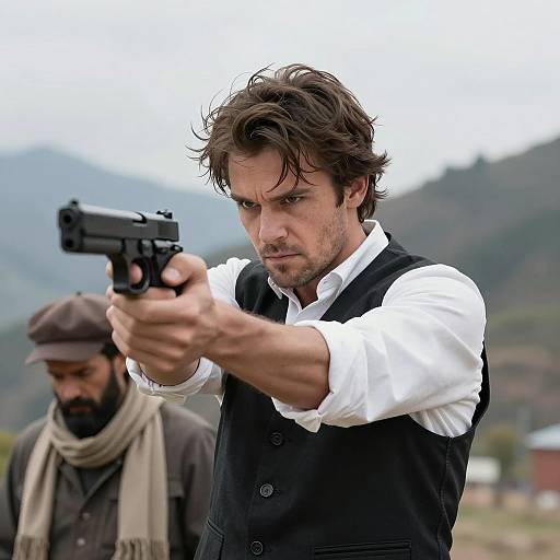 Man aiming handgun outdoors