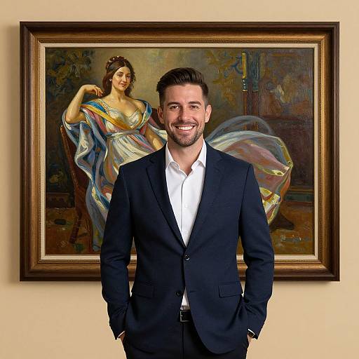 Photograph of a smiling man in a black suit standing in front of a framed classical painting of a draped woman.