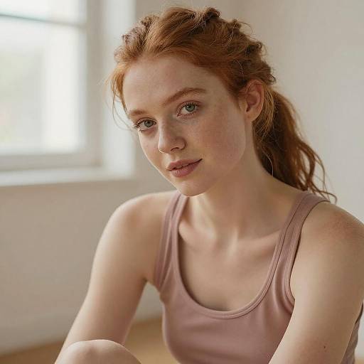 Photograph of a fair-skinned, red-haired woman with freckles, wearing a pink tank top, sitting indoors near a bright window.