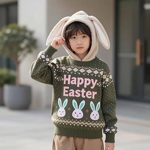 Child Wearing Happy Easter Sweater with Bunny Ears Hoodie
