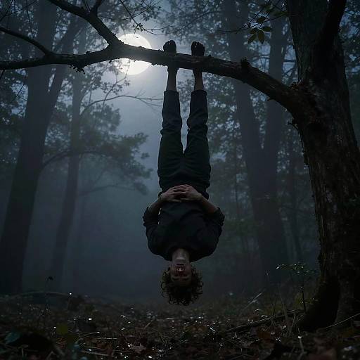 Surreal Hanged Man in Foggy Forest