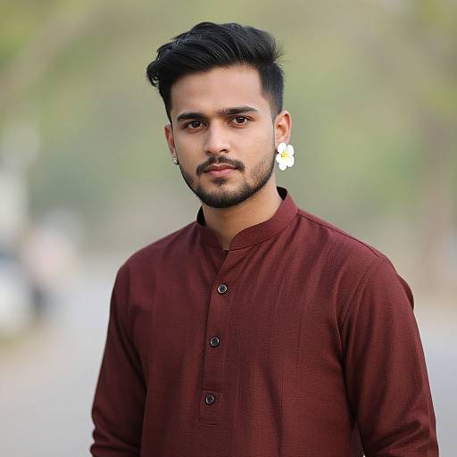 Photograph of a young South Asian man with short black hair, beard, wearing a maroon button-up kurta, and white earrings, standing outdoors