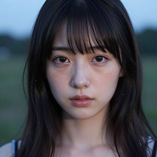 Photograph of a young East Asian woman with fair skin, dark straight hair, bangs, and neutral expression, set against a blurred outdoor background at