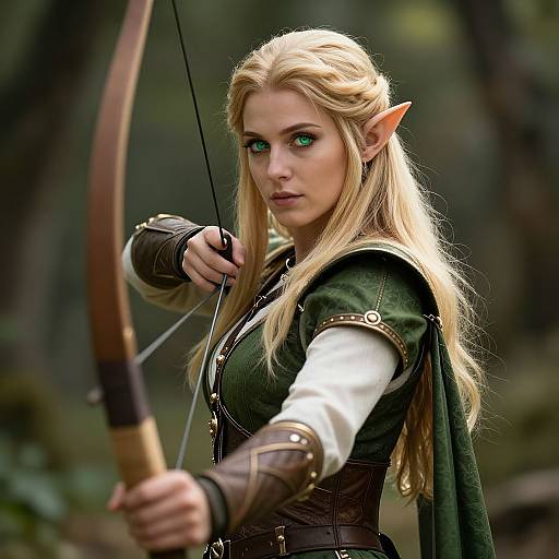 Digital art of a blonde, green-eyed elf woman with pointed ears, drawing a bow in a forest. She wears a green cloak and brown leather armor