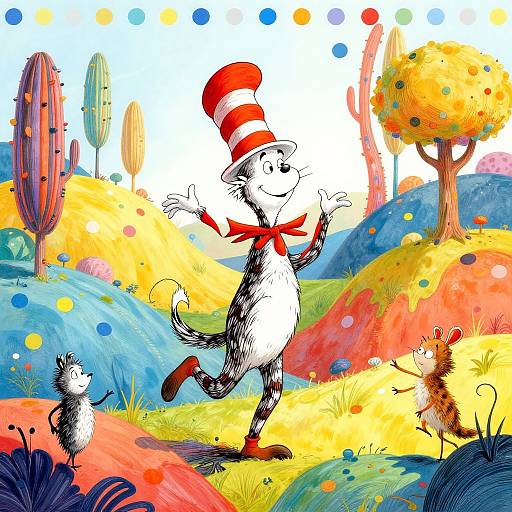 Colorful illustration of a happy white cat with a red-and-white striped hat and red bowtie, dancing in a vibrant, whimsical countryside with trees