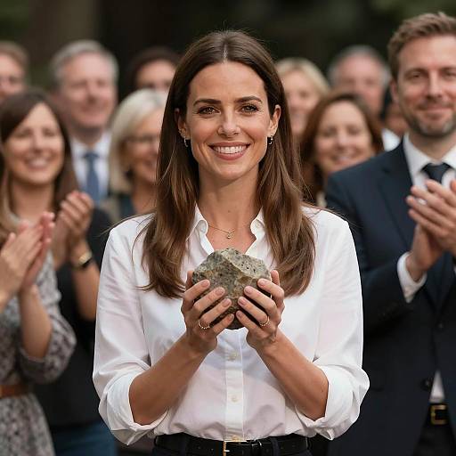 Smiling Woman Holding Rock with Applauding Crowd