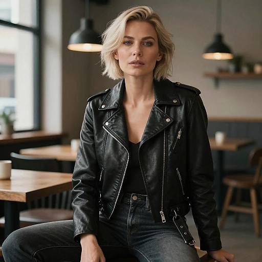 Photograph of a blonde woman with short hair, wearing a black leather jacket and jeans, sitting in a modern, dimly lit café.