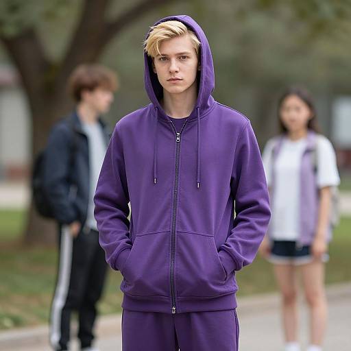 Photograph of a blonde, fair-skinned teenage boy in a purple hoodie and track pants, hands in pockets, standing in a blurred park with two