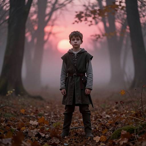 Photograph of a young boy in medieval clothing standing in a misty, autumn forest at sunset, surrounded by fallen leaves.