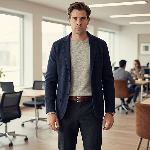 Photograph of a handsome, serious-looking man with brown hair, wearing a dark blazer, gray sweater, and black pants, standing in a bright