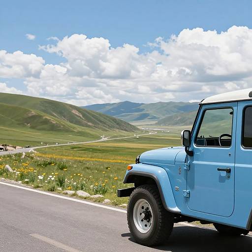 Pastel Blue Jeep on Mountain Road
