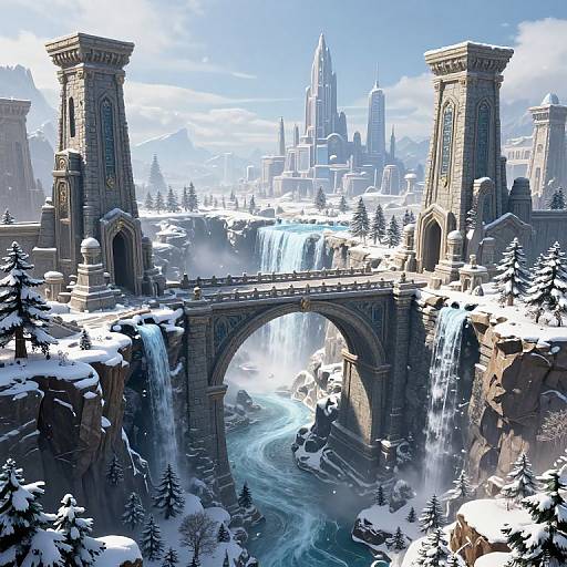 Digital fantasy artwork of a snow-covered, stone arch bridge with twin towers, spanning a waterfall, leading to a cityscape with a tall, spired