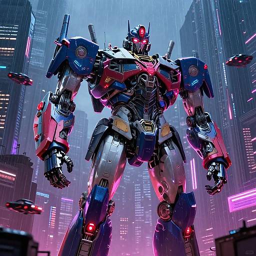 Digital artwork of a towering, red, blue, and silver robotic warrior with glowing red eyes, standing in a neon-lit, rainy, futuristic city