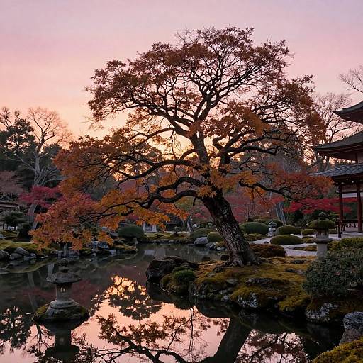Photograph of a serene Japanese garden at sunset, featuring a silhouetted tree with autumn leaves, reflecting in a calm pond, with traditional wooden