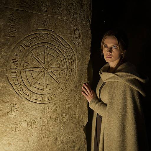 Photograph of a serious woman with short brown hair, wearing a beige cloak, touching an ancient stone wall with a carved, circular symbol and runes in