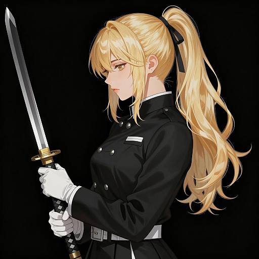 Serious Woman Holding Katana in Black Uniform