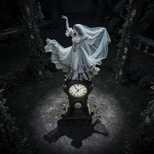 Photograph of a ghostly woman in a flowing white dress, standing on an antique clock, arms raised, in a dark, eerie forest.