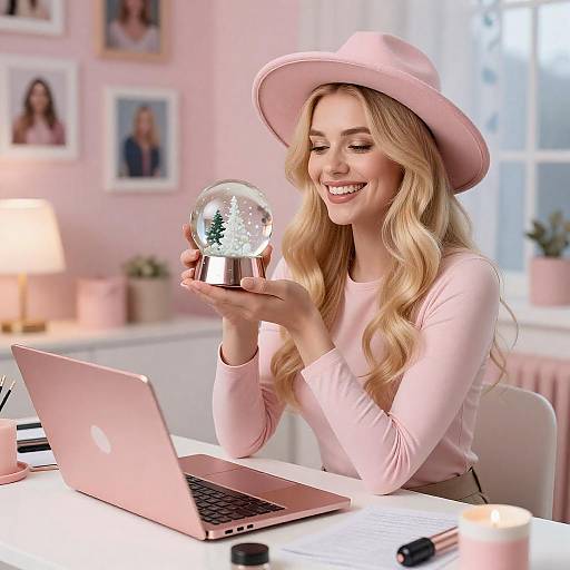 Joyful Blonde Woman in Pink Decor