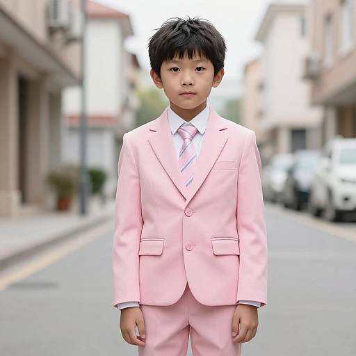 Boy in Pink Suit on Street