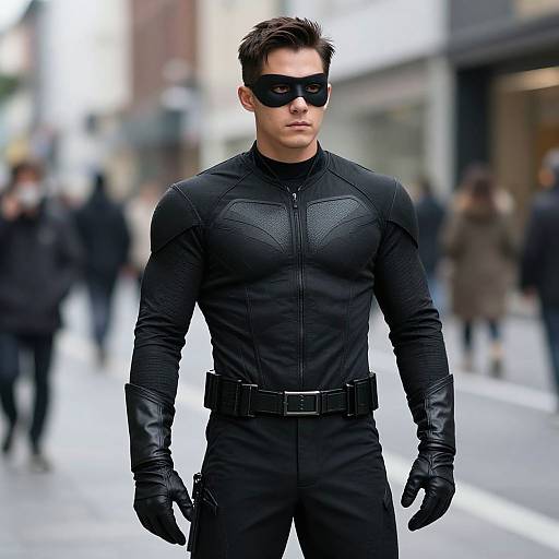 Photograph of a muscular man in black superhero suit with gloves, belt, and sunglasses, standing on a busy urban street.