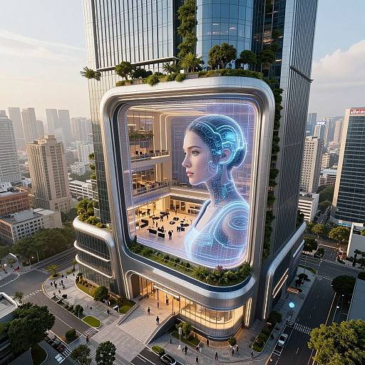 CGI futuristic cityscape featuring a massive, glowing, holographic TV displaying a blue-lit, tech-enhanced woman's profile, set against towering