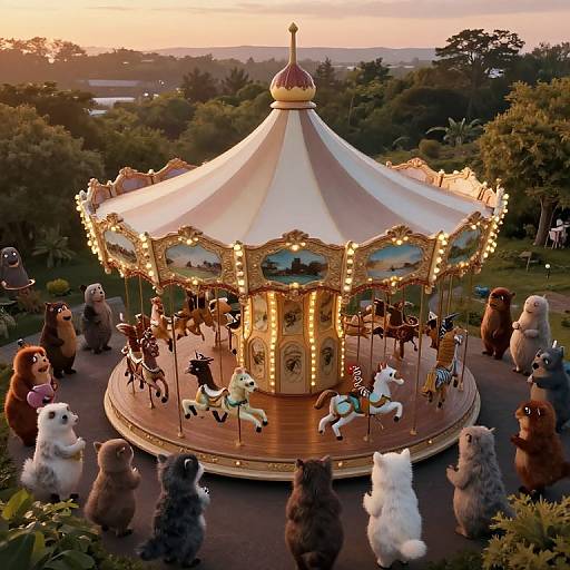 Photograph of a whimsical carousel at sunset, surrounded by plush, anthropomorphic animal figures, including poodles and ponies, in a lush,