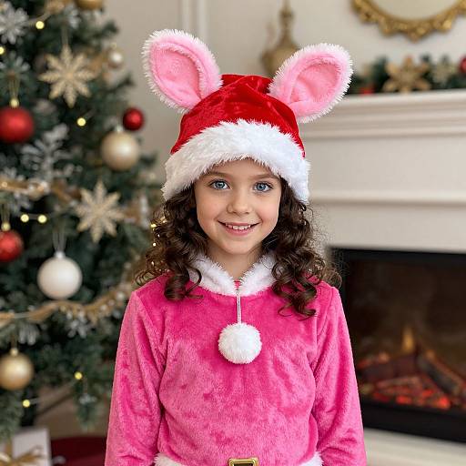 Photograph of a smiling young girl with curly brown hair, wearing a pink furry Santa hat with white and pink ears, and a matching pink Santa robe