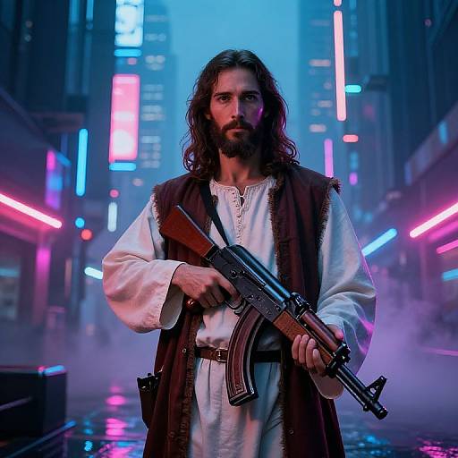 Digital art: Long-haired, bearded Jesus with a brown vest, white tunic, and rifle stands in a neon-lit, futuristic city street