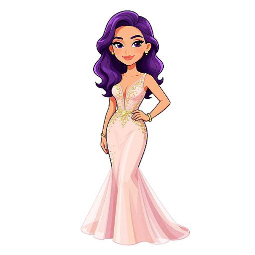 Digital cartoon of a purple-haired woman with blue eyes, wearing a pink, sleeveless, form-fitting gown with gold floral embroidery, standing confidently against