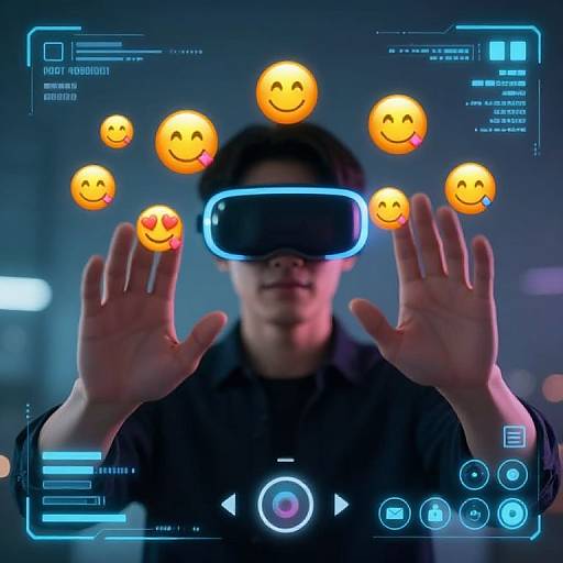 Photograph of an East Asian man in a black shirt wearing a VR headset, hands raised, with floating smiley emoji overlays on a dark, futuristic
