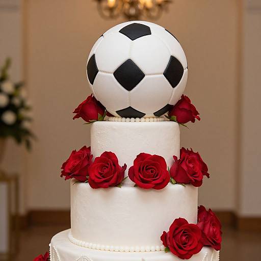 Photograph of a white, three-tiered cake adorned with red roses and topped with a black-and-white soccer ball, set in a softly lit,