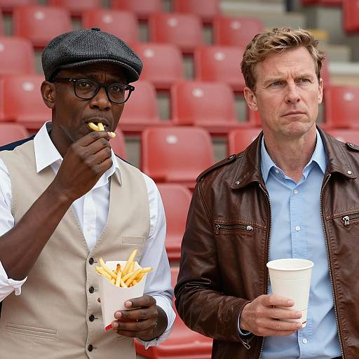 Two men eating fries in stadium