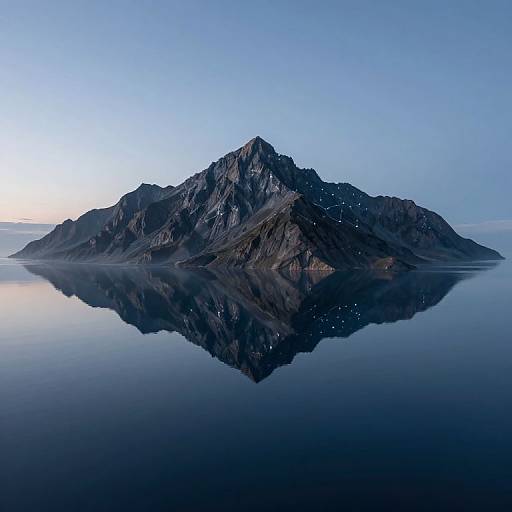 Photograph of a rugged, dark mountain island reflected perfectly in calm, blue-gray water under a clear, light blue sky at dawn.