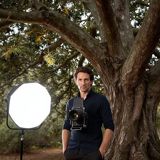 Photograph of a handsome man with short dark hair, wearing a dark blue shirt, standing in front of a large tree with a bright studio light to