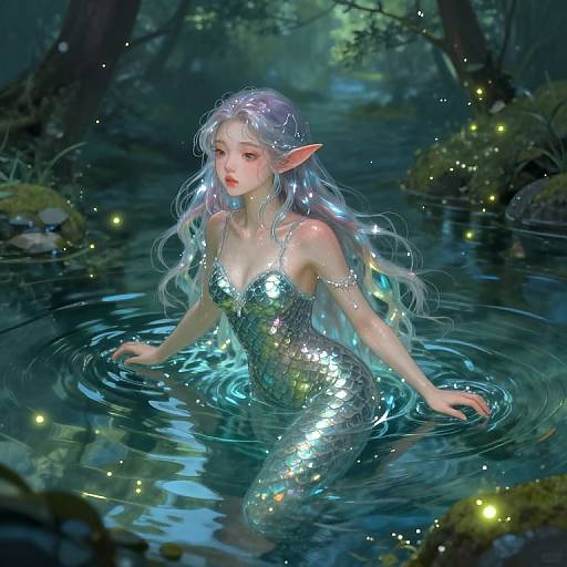 Digital painting of a silver-scaled, elven woman with long, glowing white hair, standing in a mystical forest stream, surrounded by floating fireflies