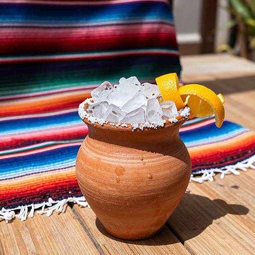 Photograph of a clay pot filled with salt and orange slices, on a wooden table with a colorful striped blanket in the background.