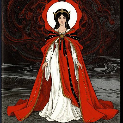 Digital illustration of a fair-skinned woman with black hair, wearing a white dress and red, black-trimmed cloak with gold accents, standing against