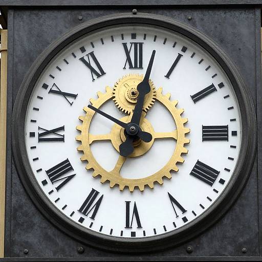 Photograph of a vintage clock face with black Roman numerals, gold gears, black hands, and a white background, housed in a dark, metallic