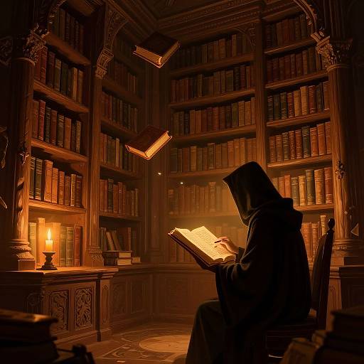 Mysterious figure in black hood reads glowing book in dimly lit, ornate library with bookshelves, warm lantern light, and floating books.