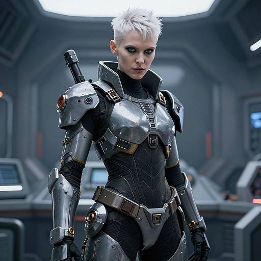 Photorealistic CGI of a white-haired, blue-eyed woman in futuristic metallic armor, standing in a sci-fi spaceship control room.