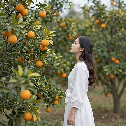 Photograph of an Asian woman with long black hair, wearing a white dress, standing in an orange grove, gazing at ripe oranges on a