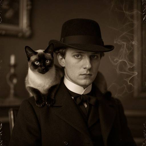 Victorian Man with Black Siamese Cat